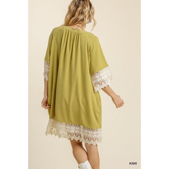 NWT Umgee Kiwi Mini Dress with Lace Trim Size Medium - Picture 2 of 3